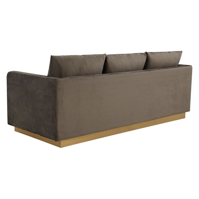 LeisureMod Nervo Modern Mid-Century Upholstered Velvet Sofa with Gold Frame Dark Grey Back View.
