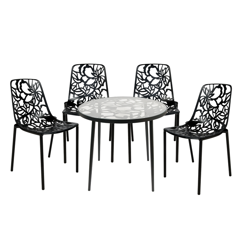 LeisureMod Devon Mid-Century Modern 5-Piece Aluminum Outdoor Patio Dining Set with Tempered Glass Top Table and 4 Stackable Flower Design Chairs Black without Background.