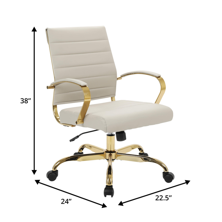 Beige office chair with gold accents and dimensions on a white background.
