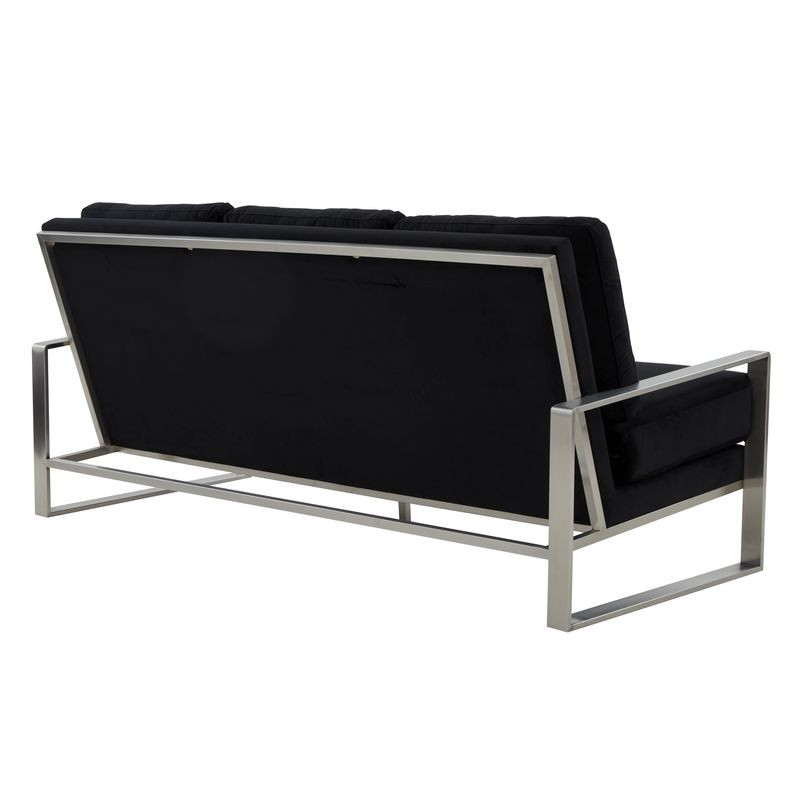 LeisureMod Jefferson Contemporary Modern Design Velvet Sofa with Silver Frame Black Back View.