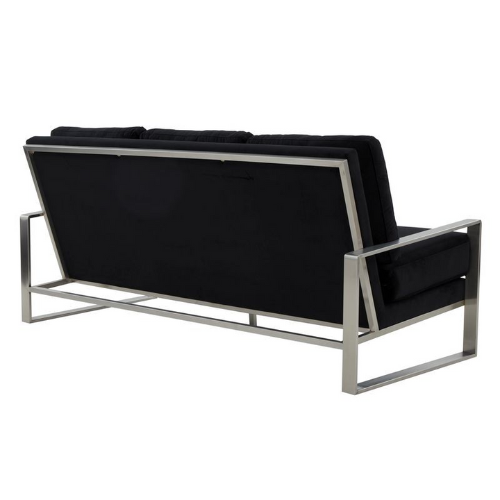 LeisureMod Jefferson Contemporary Modern Design Velvet Sofa with Silver Frame Black Back View.
