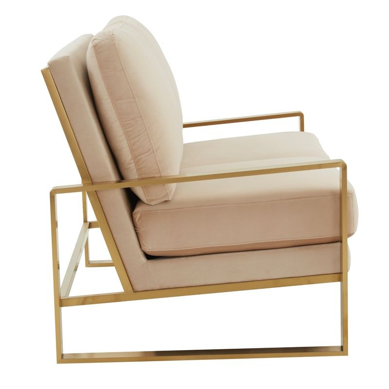 Leisuremod Jefferson Contemporary Modern Velvet Loveseat with Gold Frame Beige Side View.