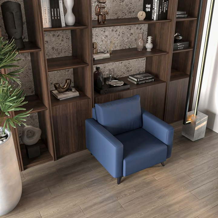 LeisureMod Inno Collection Single Seater Sofa in Dark Blue Photo.