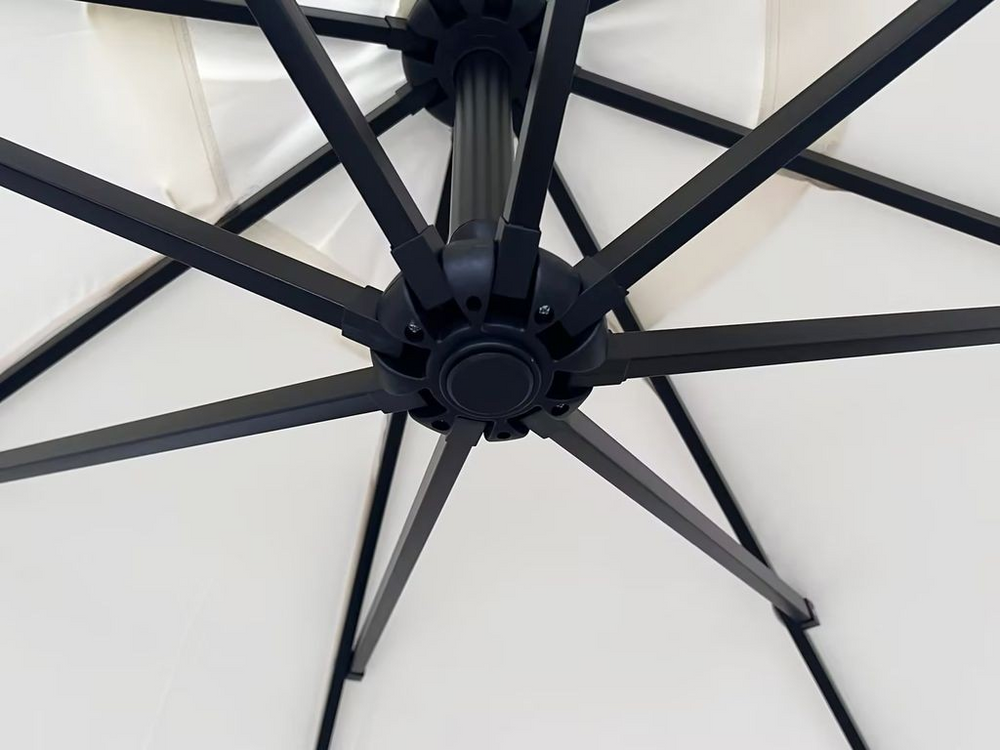 LeisureMod Willry Modern Outdoor 10 Ft Offset Cantilever Hanging Patio Umbrella with Solar Powered LED in Cream Closeup.