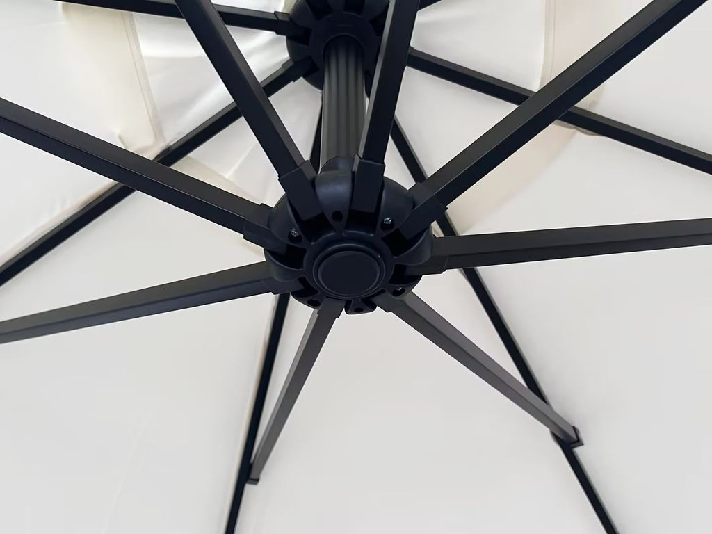 LeisureMod Willry Modern Outdoor 10 Ft Offset Cantilever Hanging Patio Umbrella with Solar Powered LED in Cream Closeup.