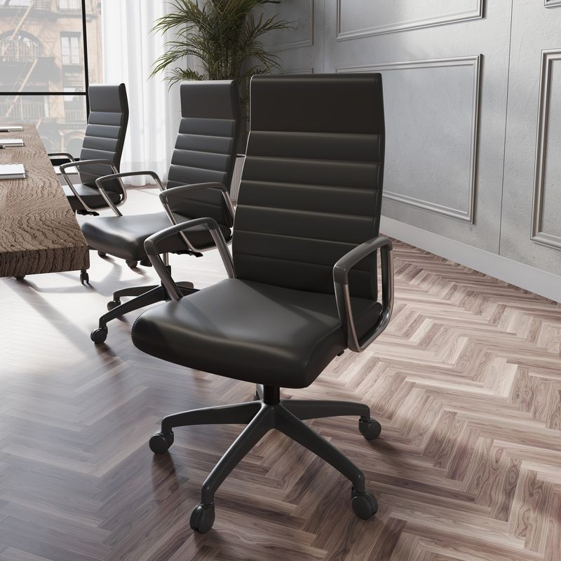 LeisureMod Hilton Modern High-Back Leather Office Chair Black in Room.