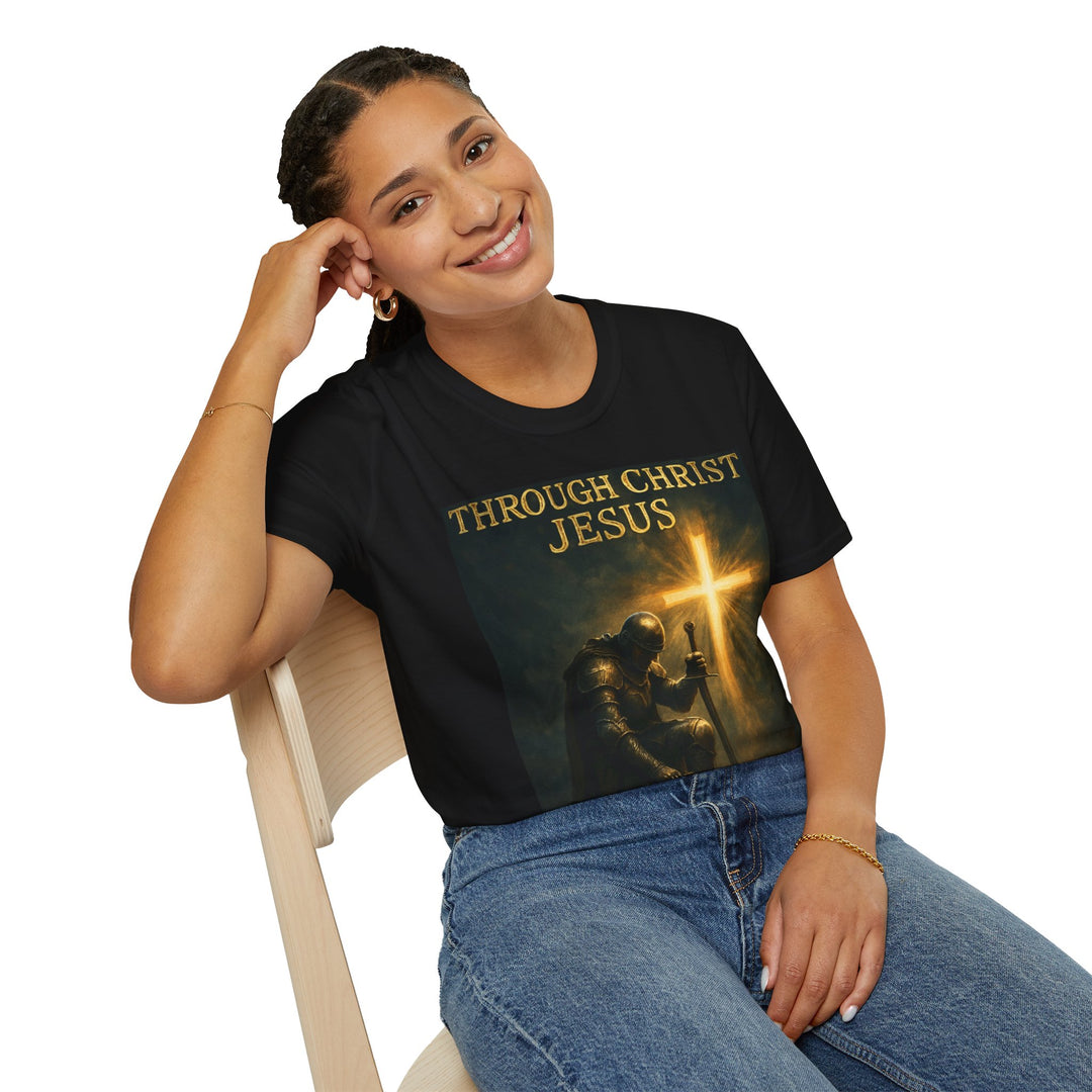 Christian Knight T-Shirt — "Through Christ Jesus" Front and "I Am Saved" Back