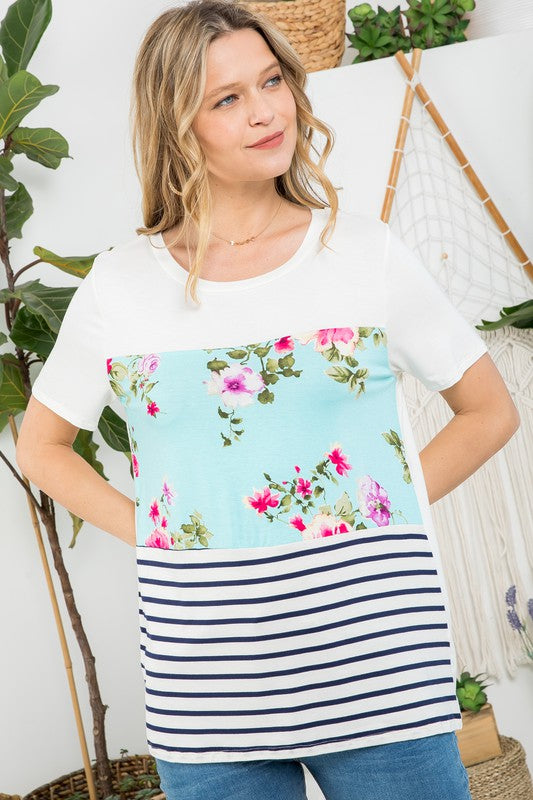 Plus Floral Stripe Mixed Top