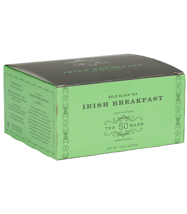 Box of Irish breakfast tea bags on a white background.