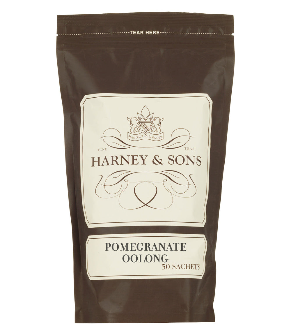Harney and Sons Pomegranate Oolong tea package on a white background.