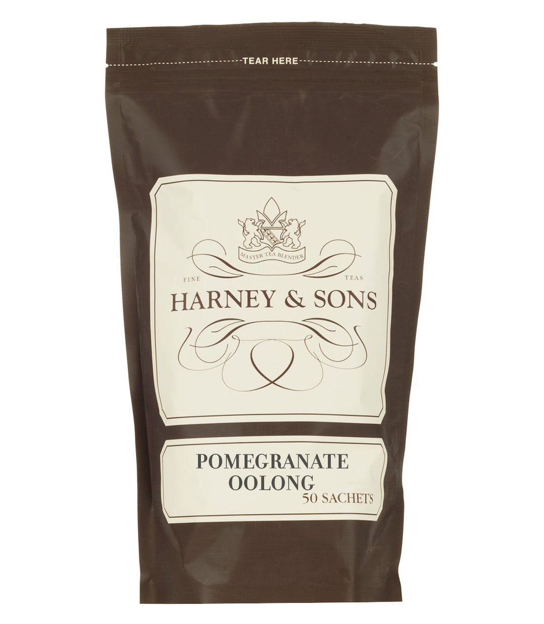 Harney and Sons Pomegranate Oolong tea package on a white background.