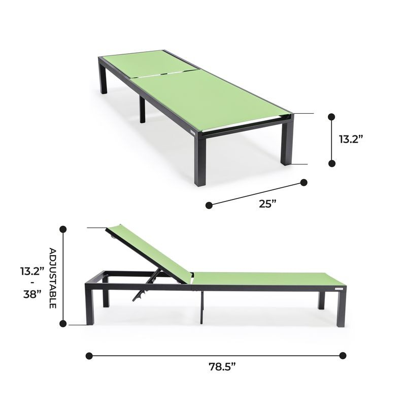 LeisureMod Marlin Patio Chaise Lounge Chair with Black Aluminum Frame Green Dimensions.