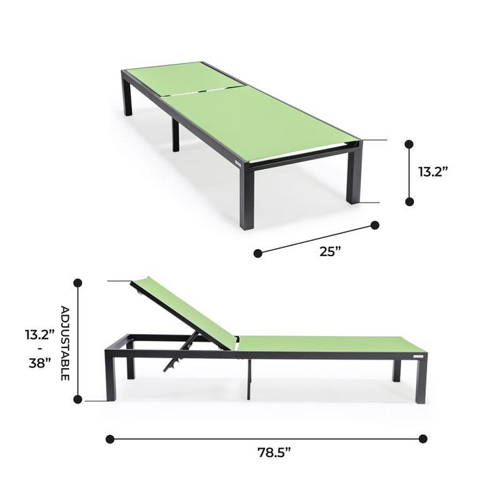 LeisureMod Marlin Patio Chaise Lounge Chair with Black Aluminum Frame Green Dimensions.