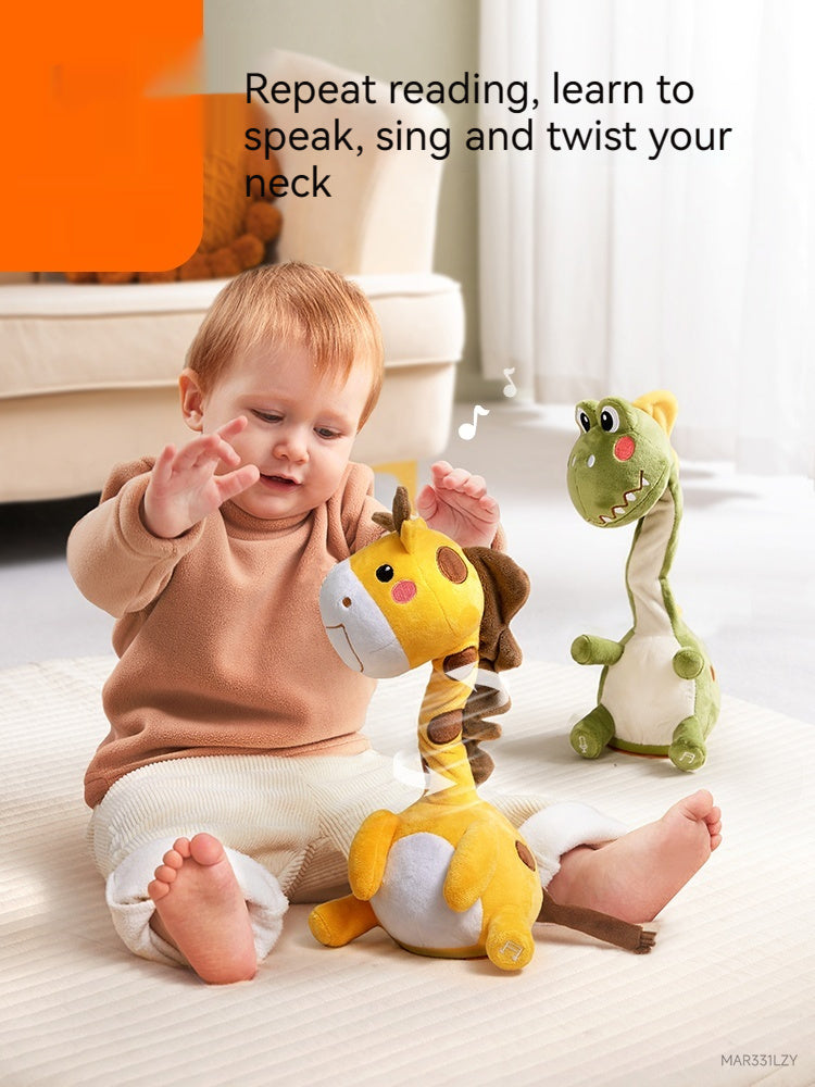 Baby playing with giraffe-shaped toy on a light-colored floor.
