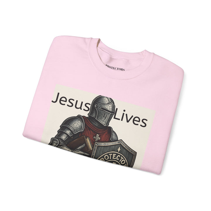 Knight Shield Crewneck Sweatshirt — "Protectors of the Word Jesus Lives"