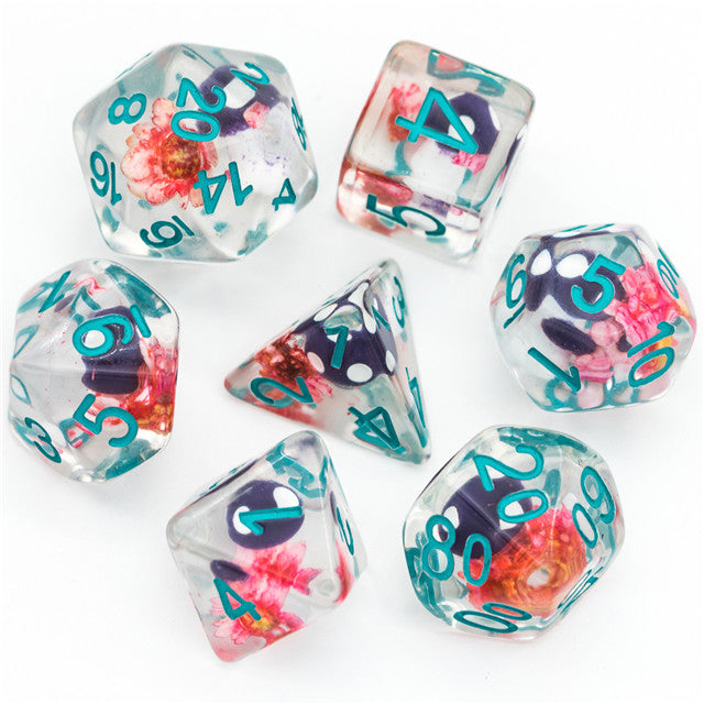 Purple Mushroom Dice Clear Pink Flower w/Teal Numbers 7-Dice Set Rpg