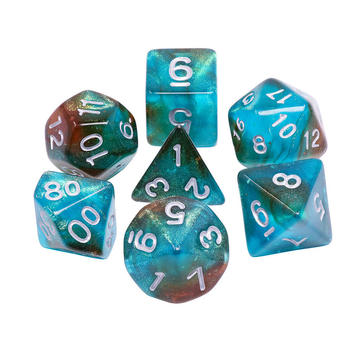 Neverland 7-Dice Set Teal/Orange w/Silver Numbers Dnd Dice Set (Blacklight reactive)
