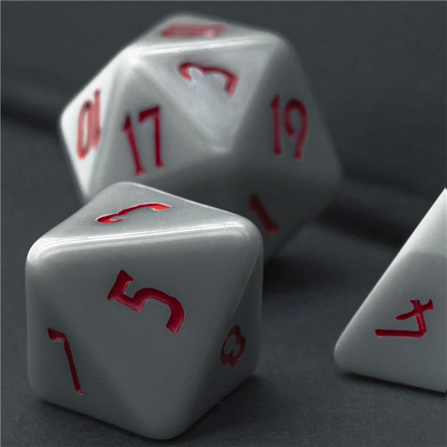 Grey Homage 7-Dice Set w/Red Numbers Minimalist