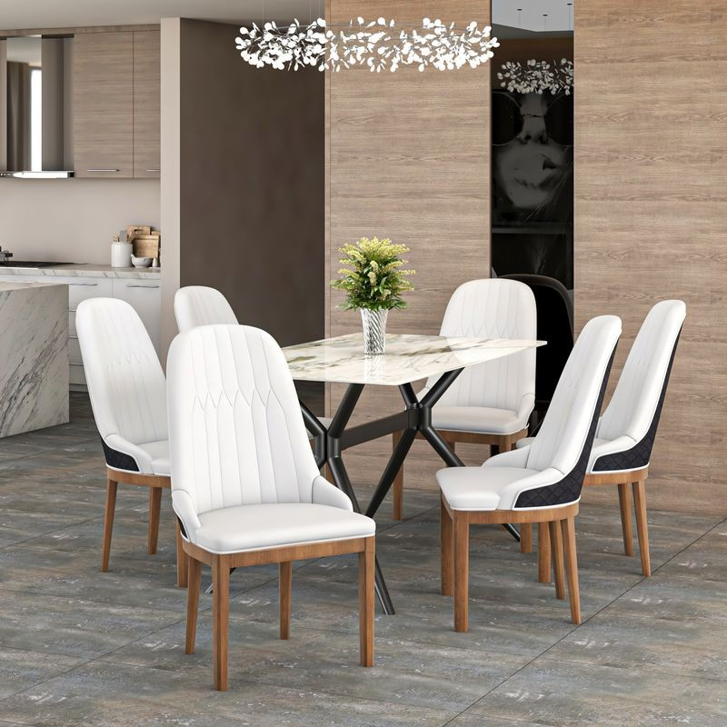 Leisuremod Verisma Collection Modern Wooden Dining Chair in Black Fabric with White Front at Table.