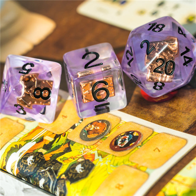 Warlock (Magic Book) Clear Purple Dice w/ Golden Book 7-Dice Set Rpg