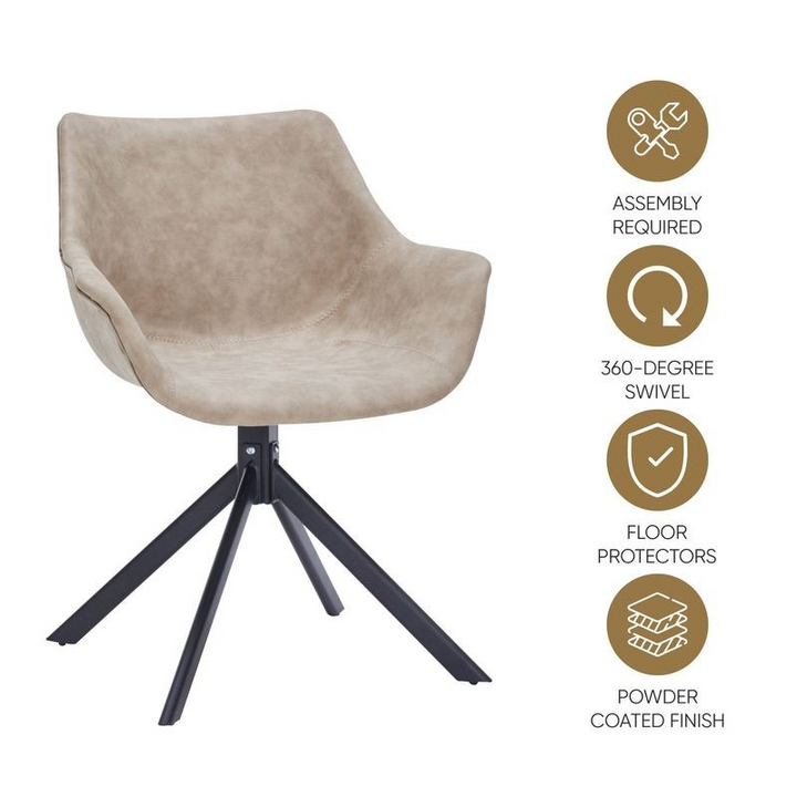 Beige armchair with black metal base on a white background, featuring assembly and feature icons.