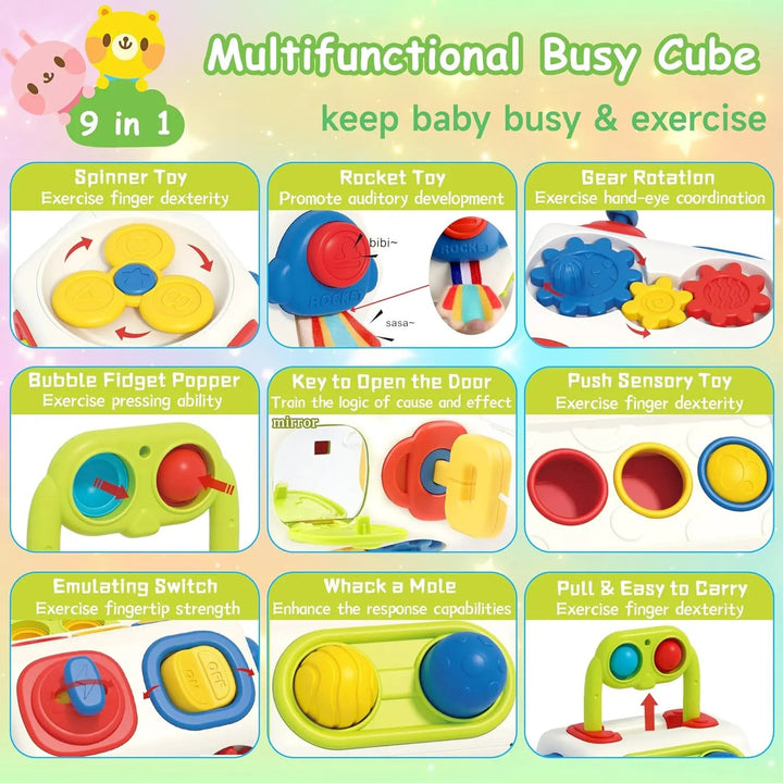 Multifunctional busy cube with various toys and text on a colorful background.
