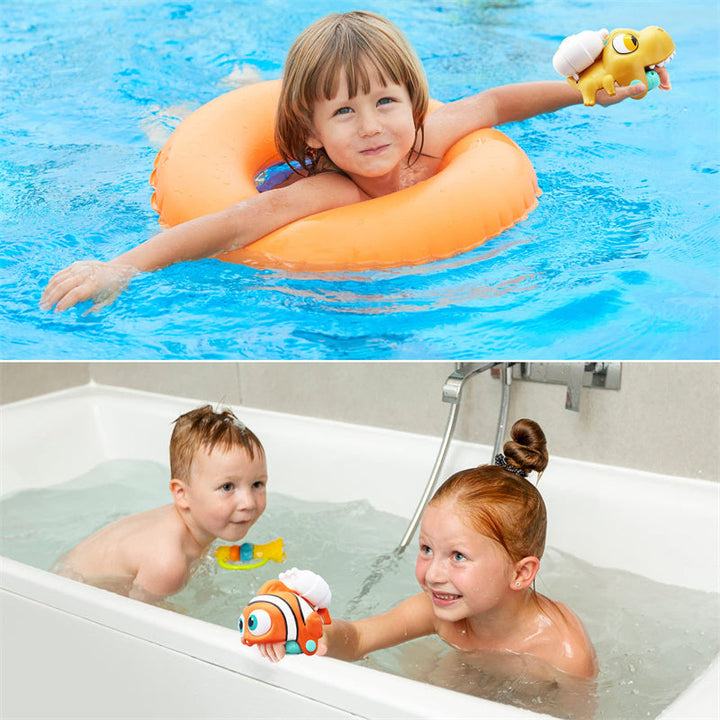 Child in a pool with an orange inflatable ring and a toy, and two children playing with toys in a bathtub.