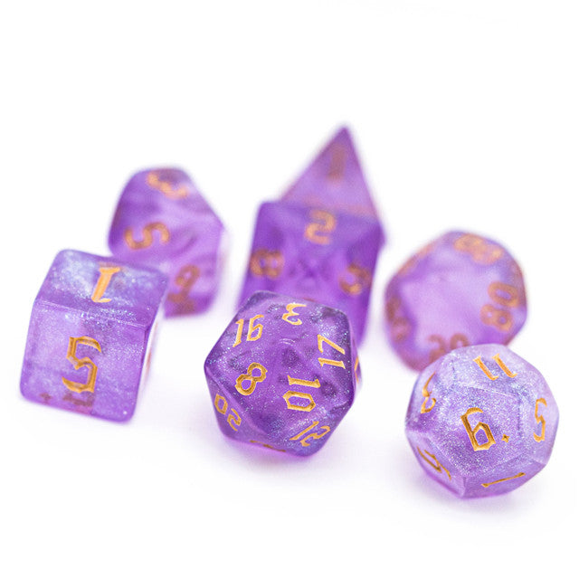 Purple Glitter Party Glitter Dice (Gold font) 7-Dice Set RPG DND