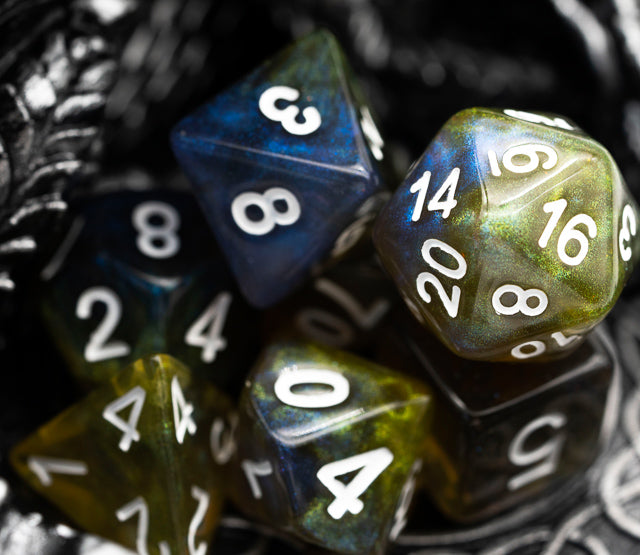 Yellow & Blue w/white Galaxy Glitter 7-Dice Set RPG