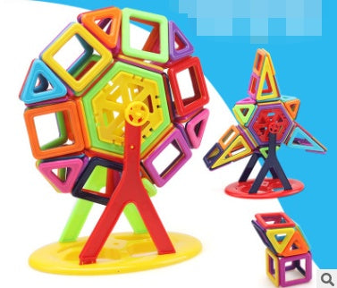 Colorful magnetic building blocks on a blue background.