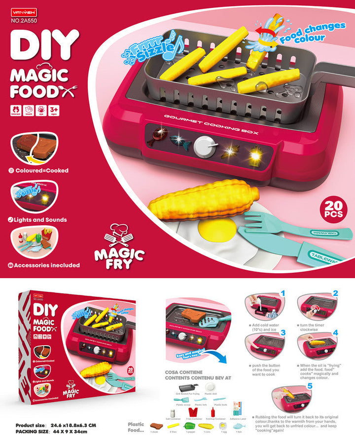Magic Fry toy set packaging with colorful graphics and text on a red background.