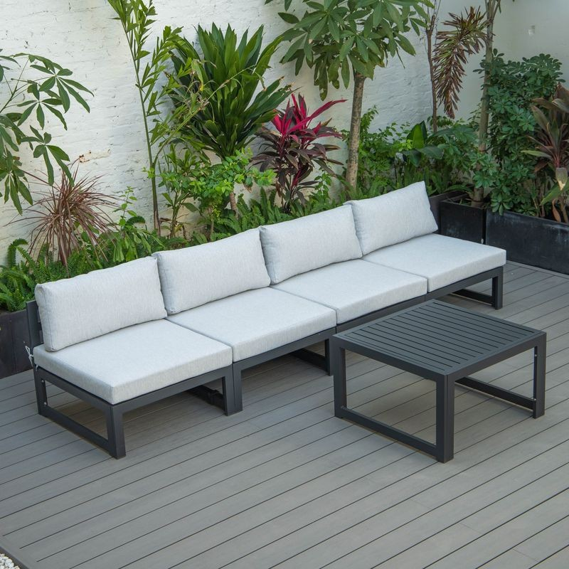 LeisureMod Chelsea 5-Piece Middle Patio Chairs and Coffee Table Set Black Aluminum with Cushions Light Grey