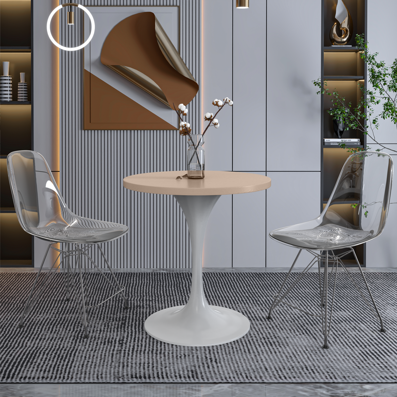 LeisureMod Verve Collection 27 Round Dining Table, White Base with Light Natural Wood MDF Top with Chairs.