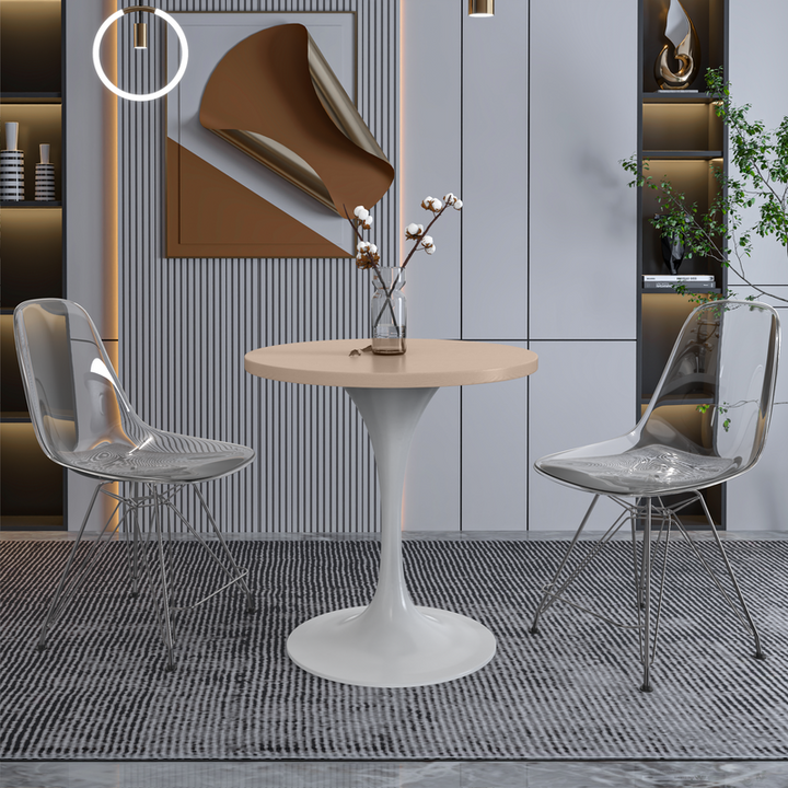 LeisureMod Verve Collection 27 Round Dining Table, White Base with Light Natural Wood MDF Top with Chairs.