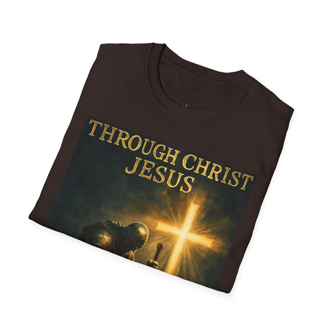 Christian Knight T-Shirt — "Through Christ Jesus" Front and "I Am Saved" Back