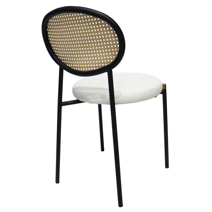 LeisureMod Euston Modern Wicker Dining Chair with Black Frame and Leather Seat in White Back Angle.