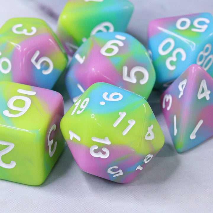 Childhood Pink/Blue/Green/Yellow Blend with White Numbering 7-Dice Set RPG