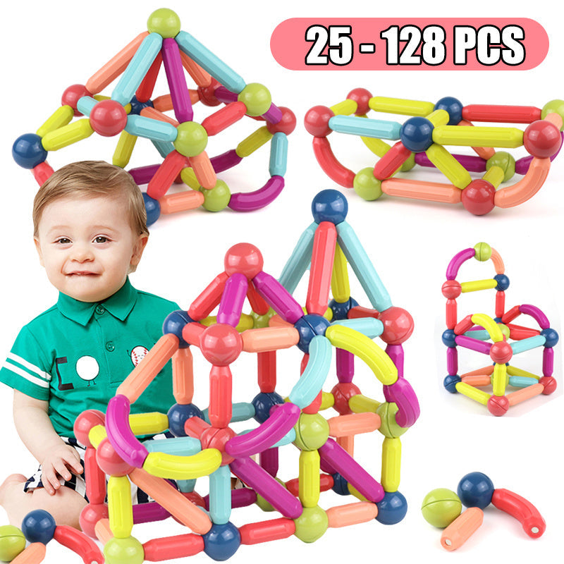 Colorful magnetic building toys with a child and quantity label on a white background.