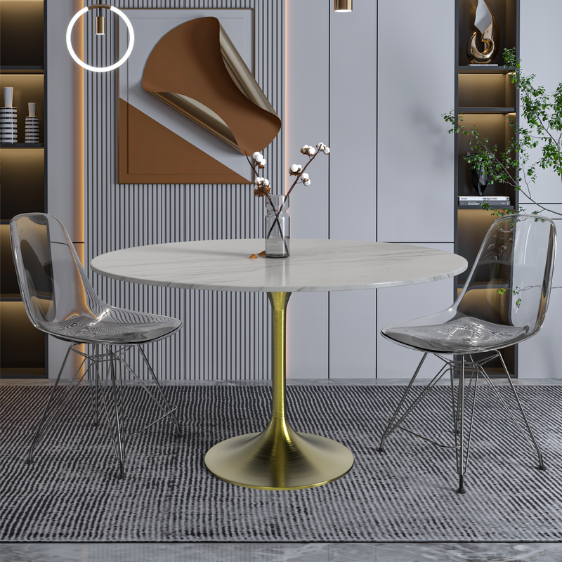 LeisureMod Verve Collection 48 Round Dining Table, Brushed Gold Base with Sintered Stone White Top in Room.