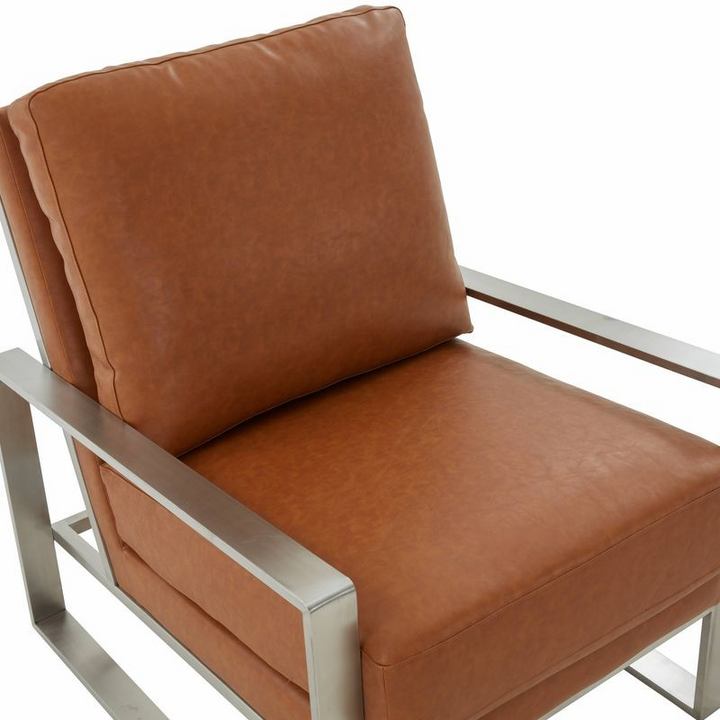 LeisureMod Jefferson Leather Modern Design Accent Armchair with Elegant Silver Frame Cognac Tan Zoomed In.