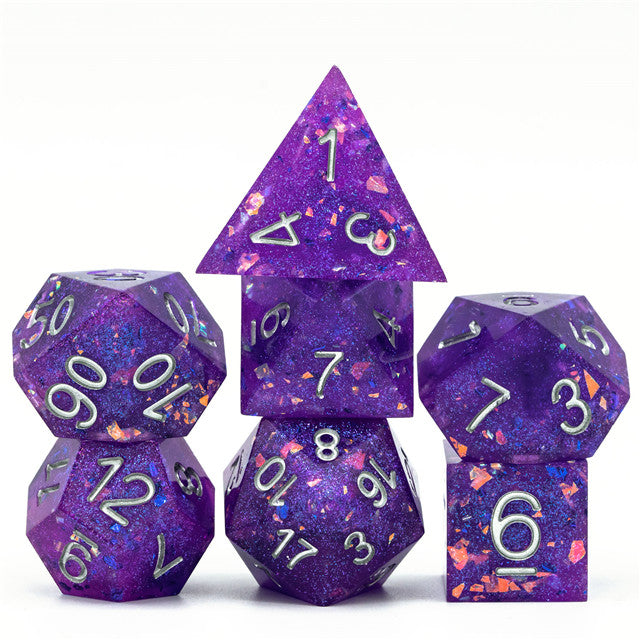 Purple Glitter Sharp Edge DND Dice Set | Gold Flake w/Silver Numbers