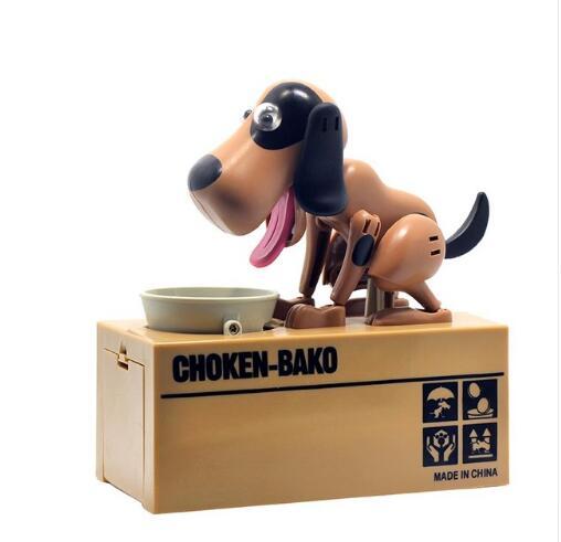 Dog-shaped mechanical bank with branding on a white background.