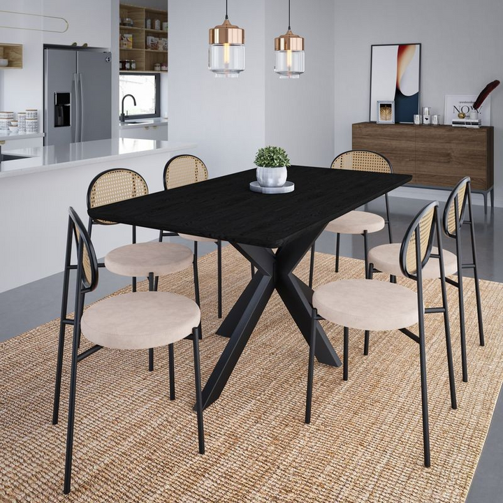 LeisureMod Euston Modern Wicker Dining Chair with Velvet Round Seat Beige at Table.
