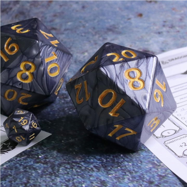 55mm Titan d20 (Black with Gold) Huge d20 for DND RPG