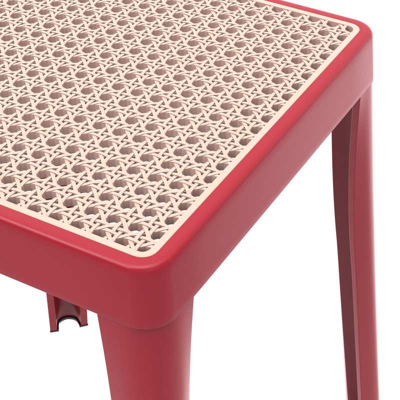 LeisureMod Tresse Series Stackable Poly Stool with Wicker Top 12 in Red Closeup.