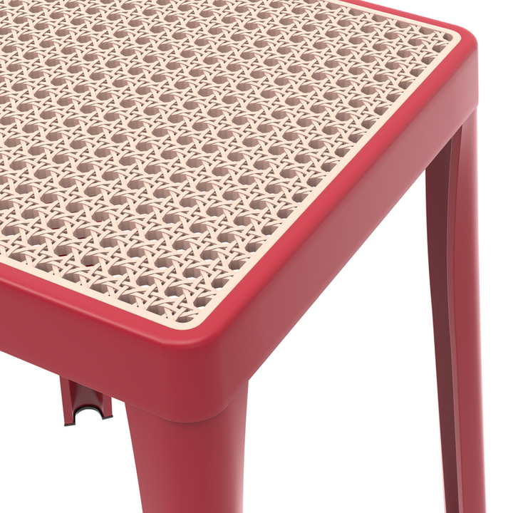 LeisureMod Tresse Series Stackable Poly Stool with Wicker Top 12 in Red Closeup.