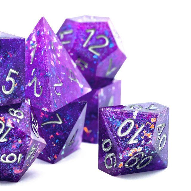 Purple Glitter Sharp Edge DND Dice Set | Gold Flake w/Silver Numbers