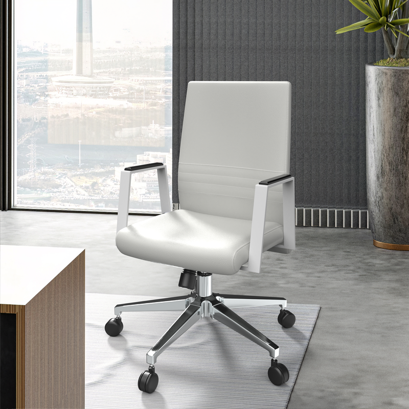 LeisureMod Aleen Office Chair in Upholstered Leather and Iron Frame with Swivel and Tilt in White at Desk.