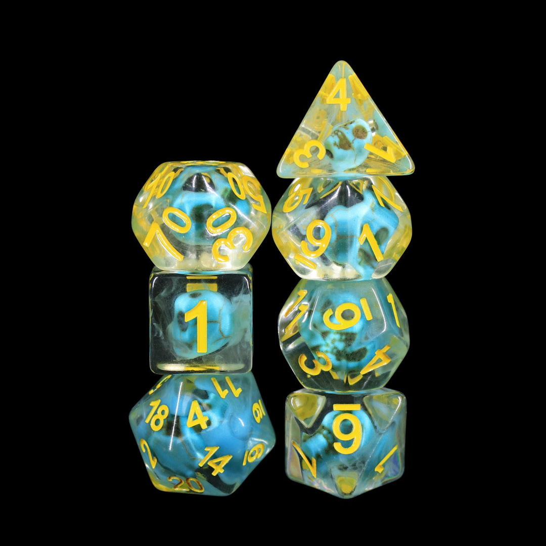 Turquoise Treasure Skull Dice Blue/Yellow Halloween Resin 7-Dice