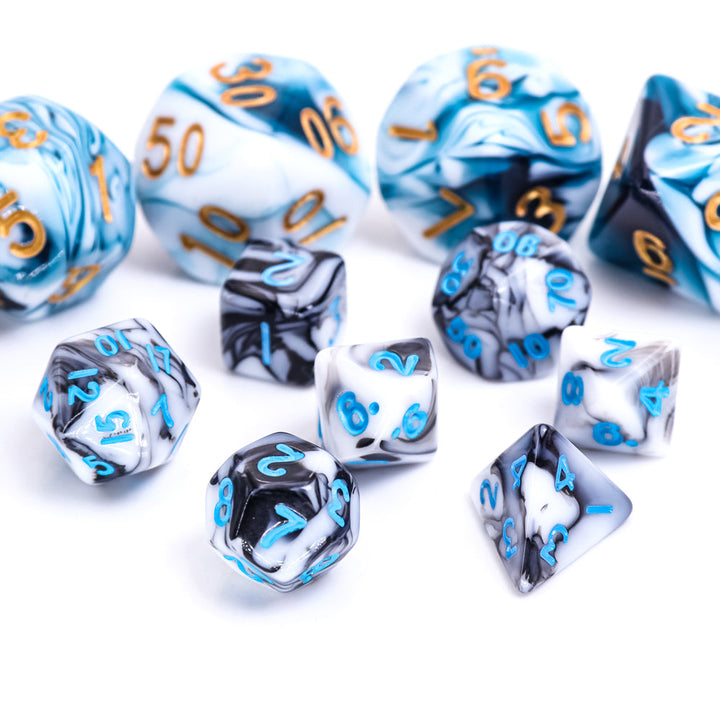 Black White Blend 7-Dice Mini-Dice RPG Set w/Blue Numbers Miniature Dice